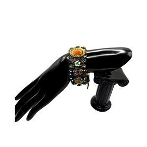 Michael Vegrin Signed Vintage Baroque Rhinestone Floral Bracelet Enamel Flowers